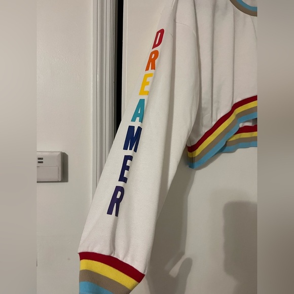Dreamer White & Rainbow Asymmetrical Long Sleeve Crop Top size Medium (J120) - Picture 3 of 13